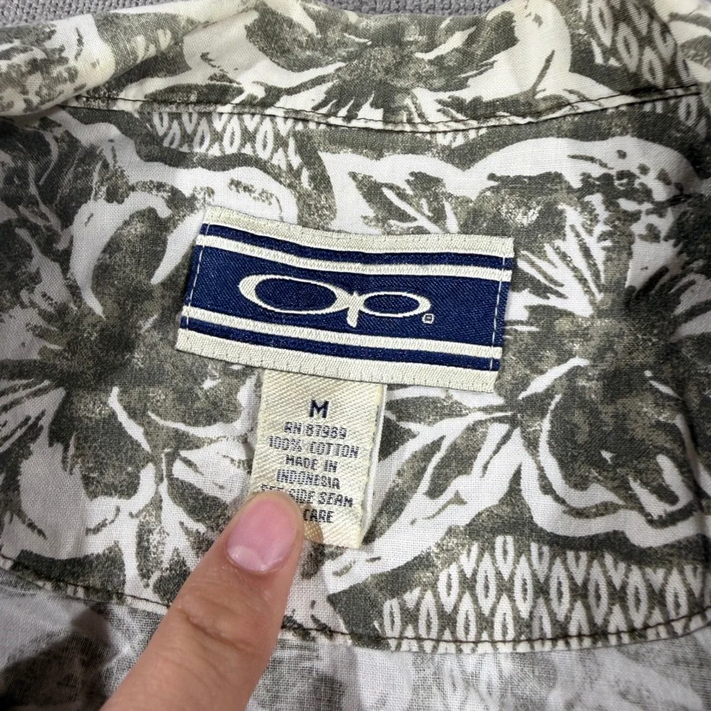 Ocean Pacific Tropical Button Front Shirt Mens M Olive Green Excellent Palm Tree